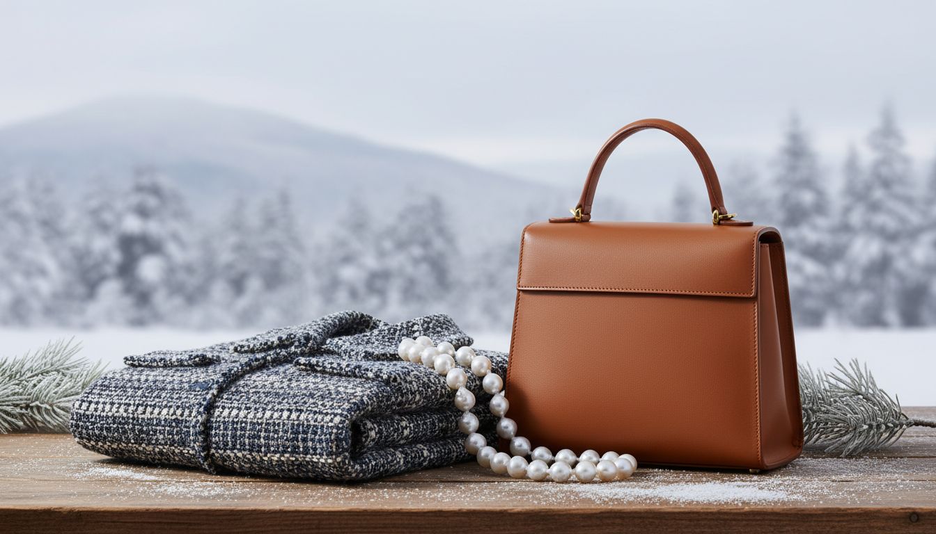Натюрморт: твидовый жакет, барочный жемчуг, и структурированная кожаная сумка на фоне зимнего пейзажа.