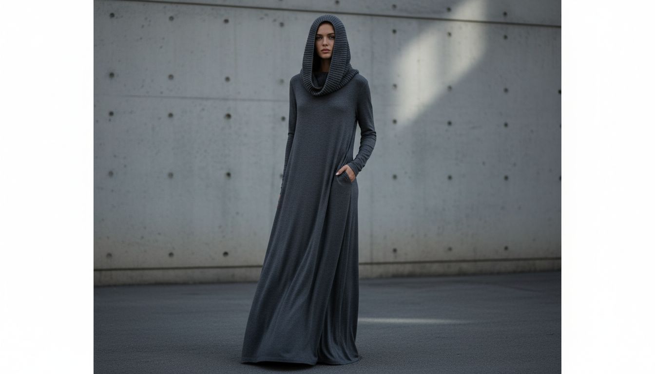 Образ в стиле тотал-лук в оттенке графитовый серый, где трикотажный капюшон сливается с платьем-макси.