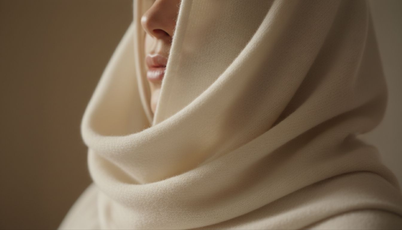 Крупный план: текстура кашемирового капюшона в оттенке слоновой кости, идеально драпирующаяся вокруг лица.