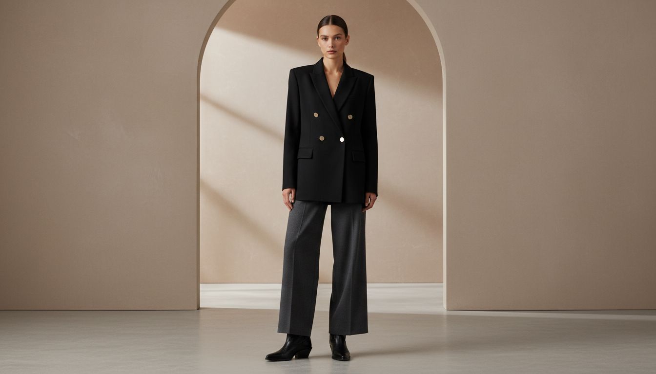 Модель в черных кожаных ковбойских сапогах, серых брюках-палаццо и строгом двубортном жакете оверсайз
