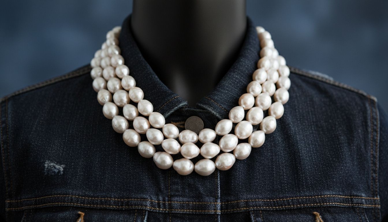 Крупный план: массивное колье из барочного жемчуга, лежащее на воротнике жакета из темного индиго-денима.