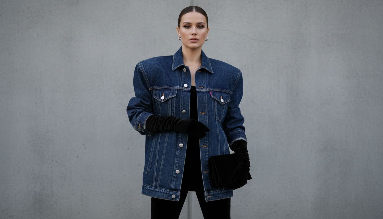 Стильный женский образ: джинсовый жакет с гипертрофированными плечами, дополненный тонким черным бархатным клатчем и длинными перчатками. 