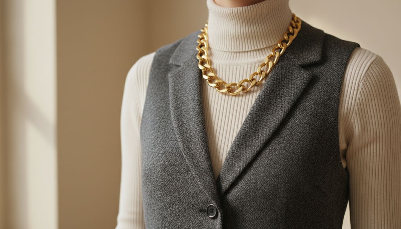 Аксессуары: крупная золотая цепь, надетая поверх водолазки, и классический шерстяной жилет.