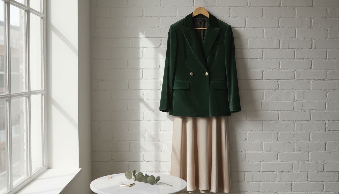 Бархатный двубортный жакет оттенка охотничий зеленый в сочетании с шелковой юбкой-макси.