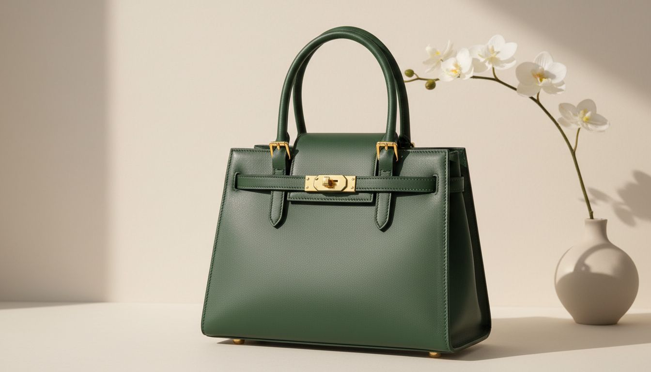 Крупный план на структурированную кожаную сумку-тоут в оттенке Hunter Green с золотой фурнитурой.