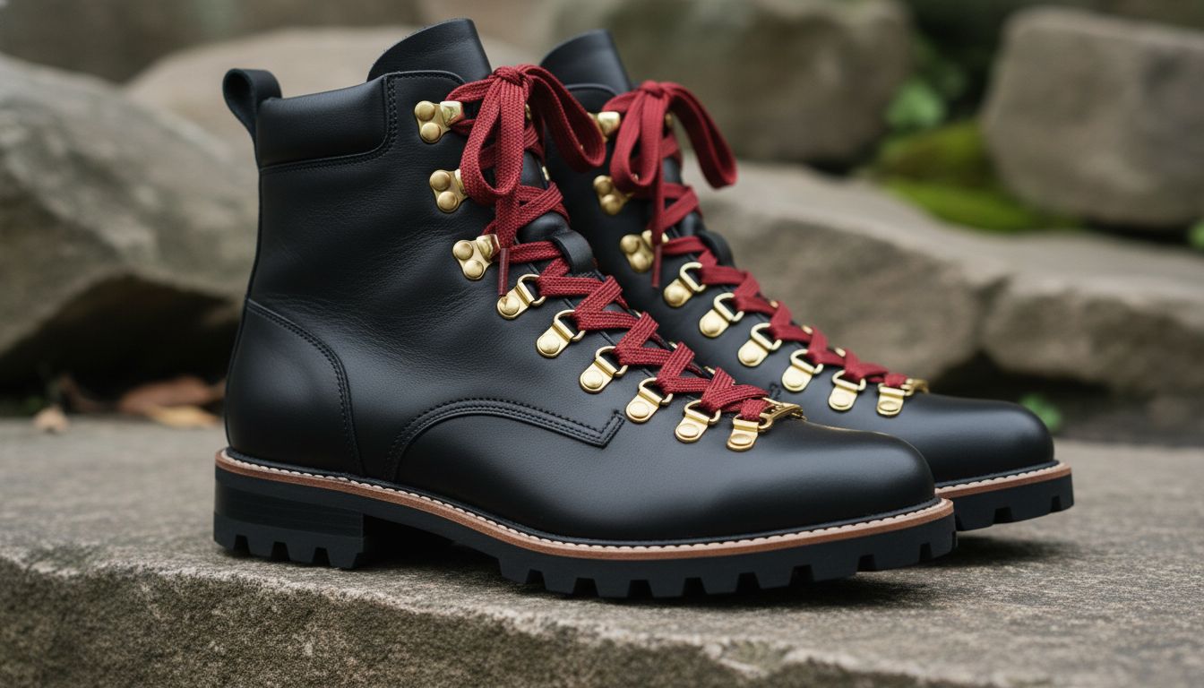 Крупный план роскошных хайкерских ботинок из черной кожи с красными шнурками и позолоченной фурнитурой, стоящих на каменной поверхности.