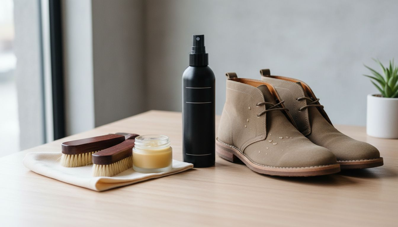 Натюрморт с набором средств для ухода за обувью: восковой крем, щетки, спрей для водоотталкивающей пропитки, рядом с ботинками из нубука.