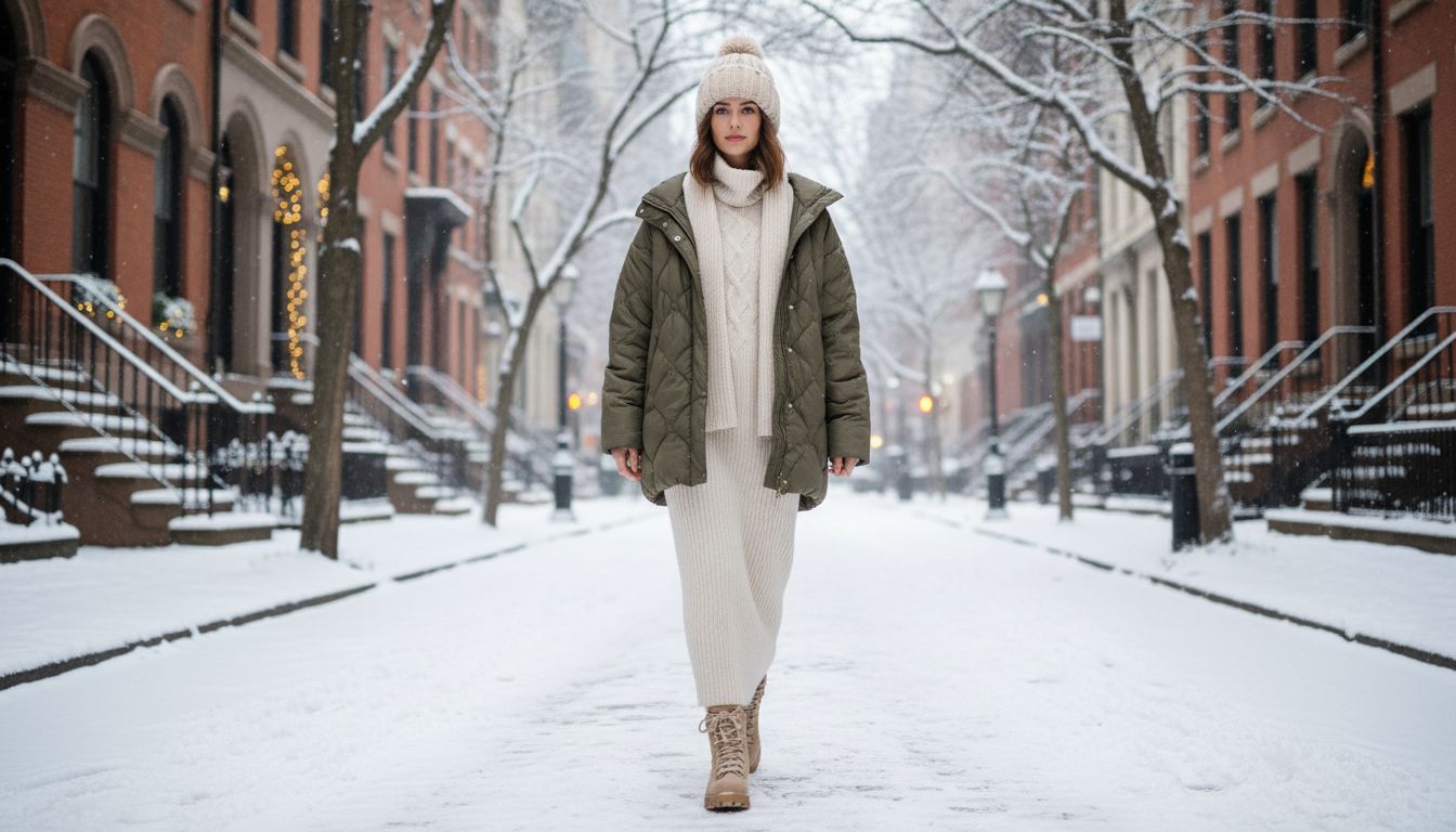 Девушка, идущая по заснеженной городской улице. На ней длинное трикотажное платье-водолазка, объемный пуховик и бежевые замшевые хайкерские ботинки.