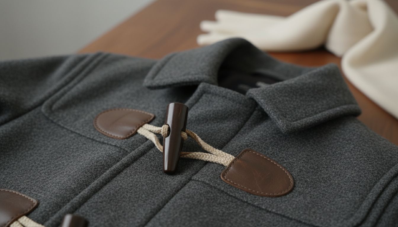 Крупный план на характерные тогглы (петли) и кожаные крепления на шерстяном дафлкоте.