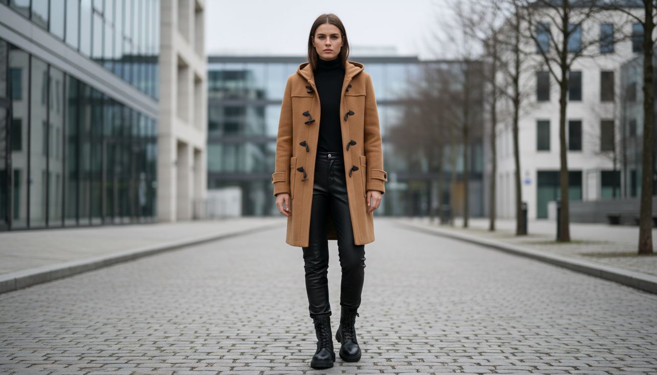 Модель в дафлкоте верблюжьего цвета, стилизованном с черными кожаными брюками и высокими ботинками на шнуровке.