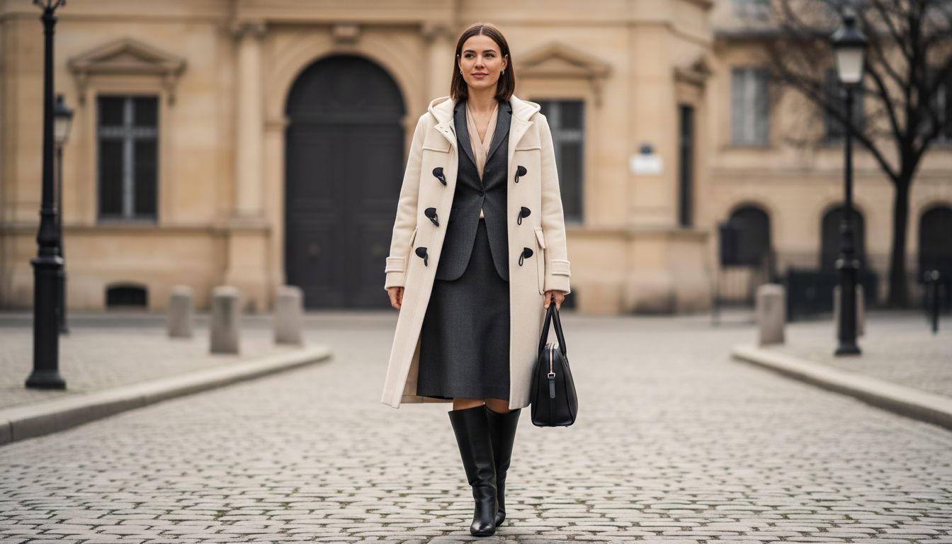 Стилизованный образ: Дафлкот миди, надетый поверх костюма с юбкой, дополненный высокими сапогами.