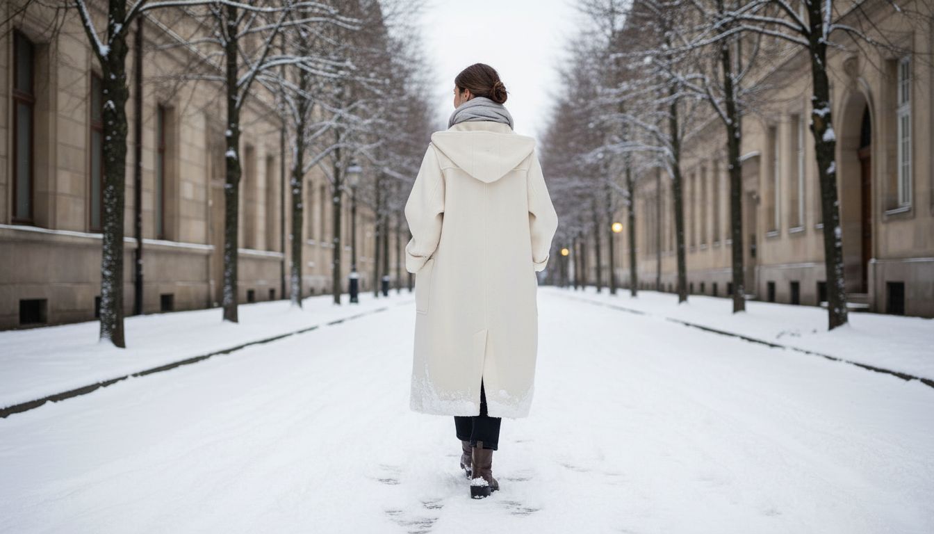 Женщина, идущая по заснеженной улице, в длинном дафлкоте кремового цвета, демонстрируя его объем и структурность.