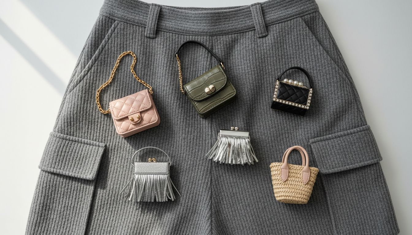 Коллекция миниатюрных сумок и клатчей, лежащих на шерстяной юбке-карго, демонстрирующая сочетание грубой фактуры и изящных аксессуаров.