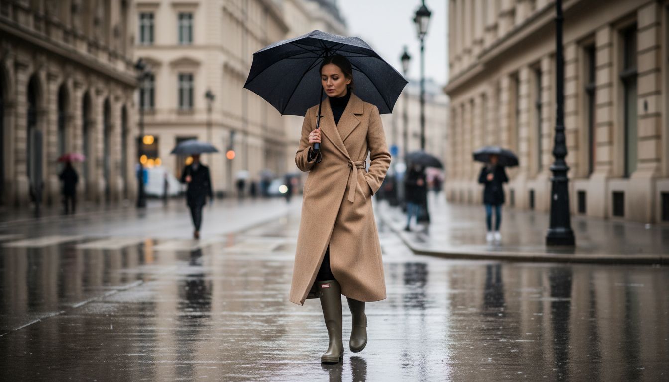 Женщина в бежевом шерстяном пальто-халате и высоких оливковых резиновых сапогах, идущая по мокрой городской улице.