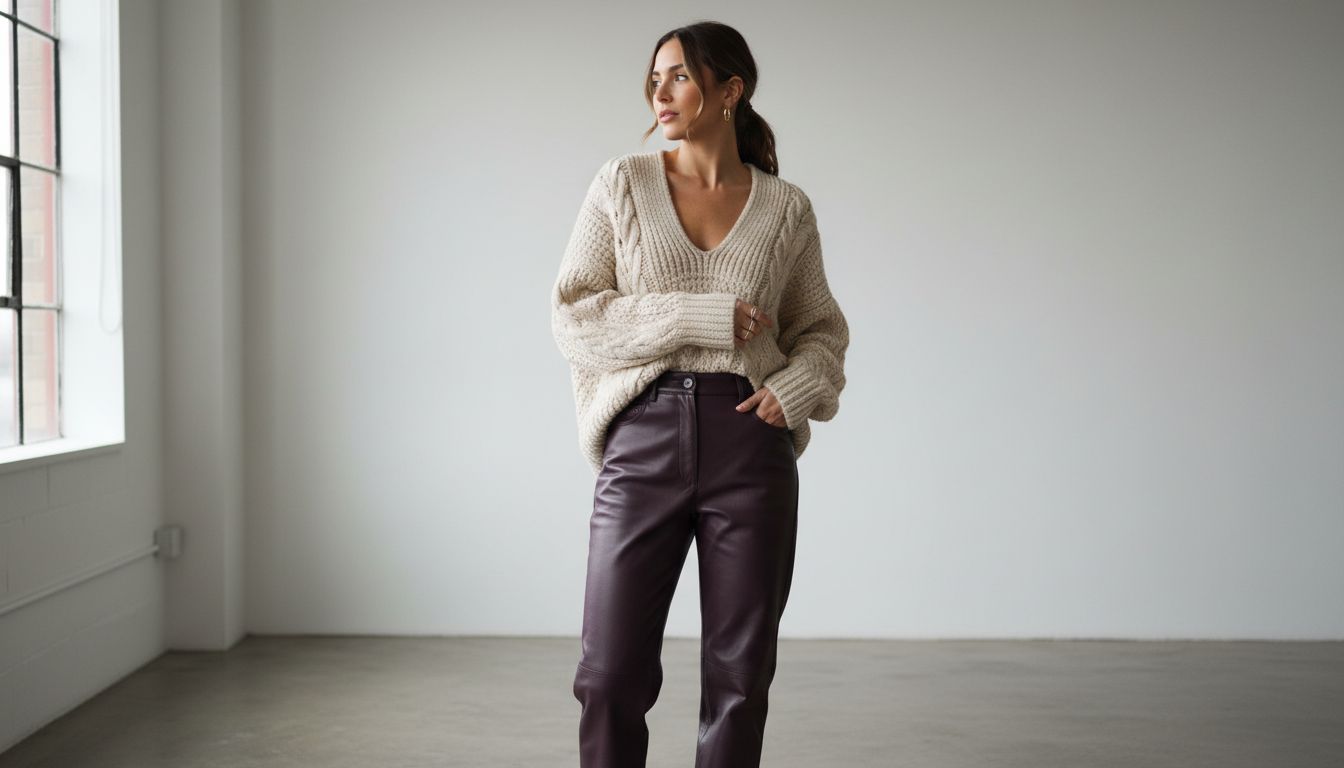Женщина в кожаных брюках цвета баклажана и длинном, тяжелом шерстяном свитере с V-образным вырезом, демонстрирующая контраст фактур.