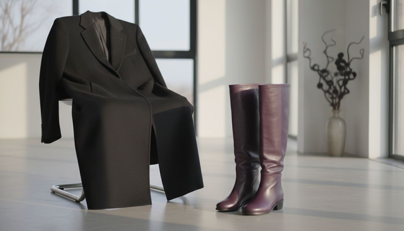 Пара высоких сапог-труб из гладкой кожи глубокого баклажанового оттенка, стоящих рядом с черным пальто.