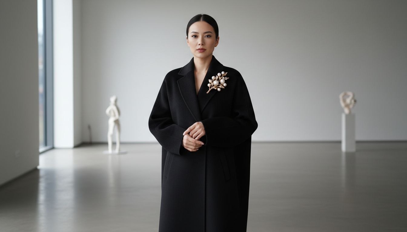 Женщина в черном шерстяном пальто с широкими плечами, на воротнике которого закреплена крупная брошь в виде золотой ветки с жемчужинами.