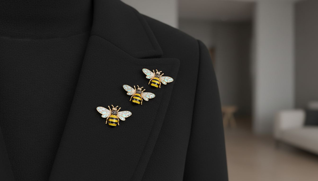 Крупный план воротника черного пальто, украшенного тремя небольшими, но яркими брошами в виде пчел, расположенными в ряд.