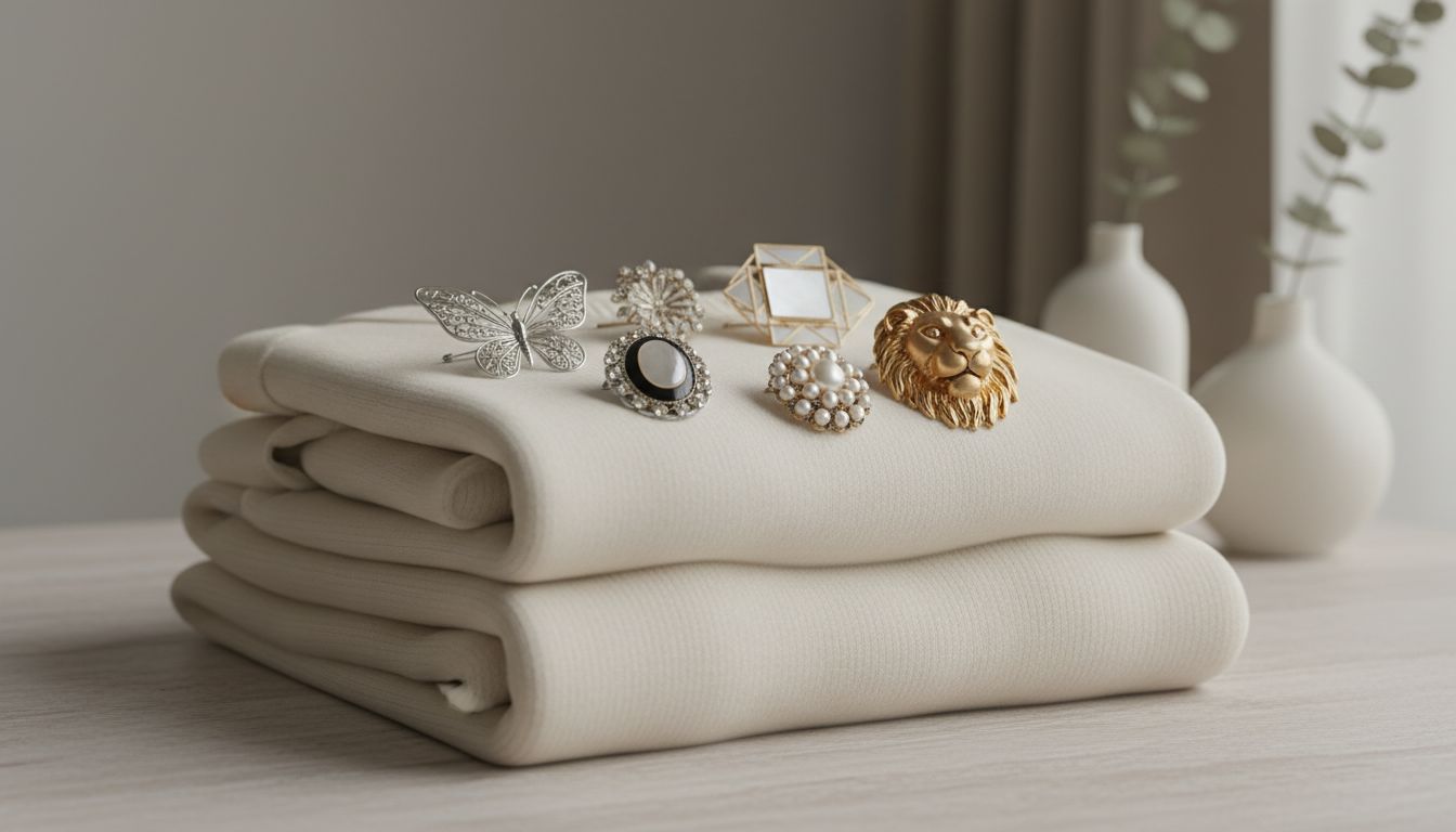 Стилизованный натюрморт: на стопке кашемировых свитеров лежит коллекция винтажных брошей разных форм и размеров.