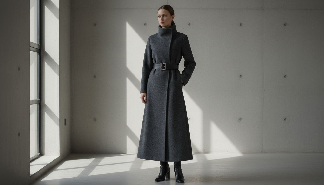 Девушка в длинном сером пальто с жестким воротником-стойкой и широким кожаным ремнем, подчеркивающим талию.