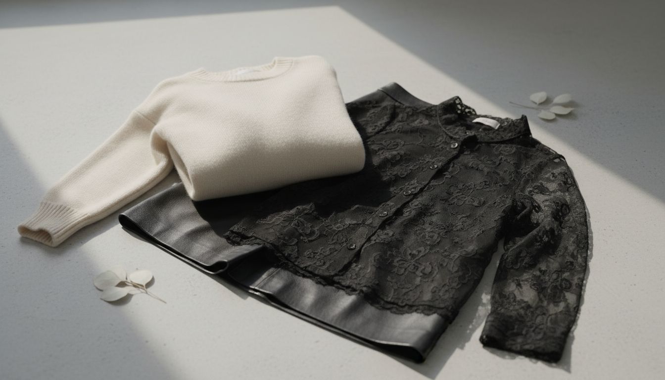 Стилизованный натюрморт: тяжелый кашемировый свитер цвета слоновой кости, рядом с ним-черная кожаная юбка и тонкая кружевная блузка.