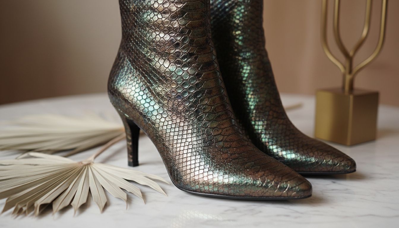 Крупный план ботильонов из металлизированной кожи цвета окисленной бронзы с текстурой под змеиную кожу.