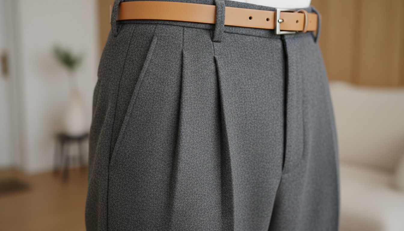 Крупный план на пояс брюк с двумя глубокими, четко отглаженными защипами, подчеркивающими объемную шерстяную фактуру.