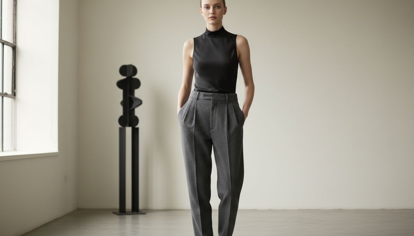 Стилизованный образ: брюки с высокими защипами из серой фланели, заправленный черный шелковый боди с воротником-стойкой, подчеркивающий тонкую талию.