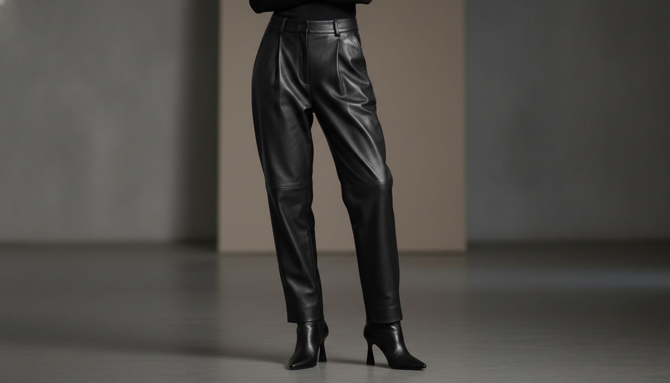 Брюки с глубокими защипами из черной матовой кожи, стилизованные с остроносыми ботильонами на каблуке.