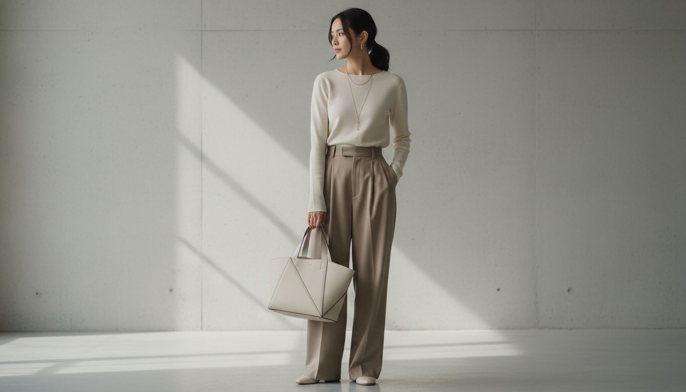 Девушка в свободных брюках с глубокими защипами, держащая в руках структурированную геометрическую сумку-тоут.