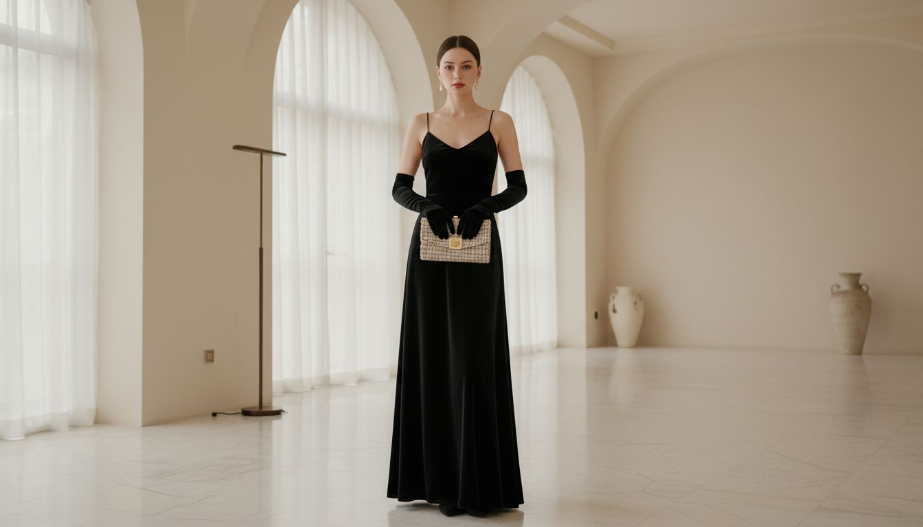 Женщина в длинном черном бархатном слип-дресс и длинных перчатках оперного стиля, держащая в руках клатч из букле.