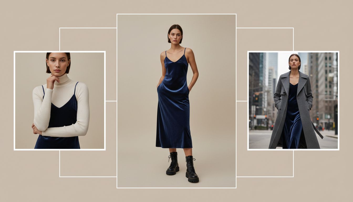 Стилизованный коллаж с вариантами сочетания бархатного слип-дресс: с массивными ботинками, с тонкой водолазкой и с длинным пальто.