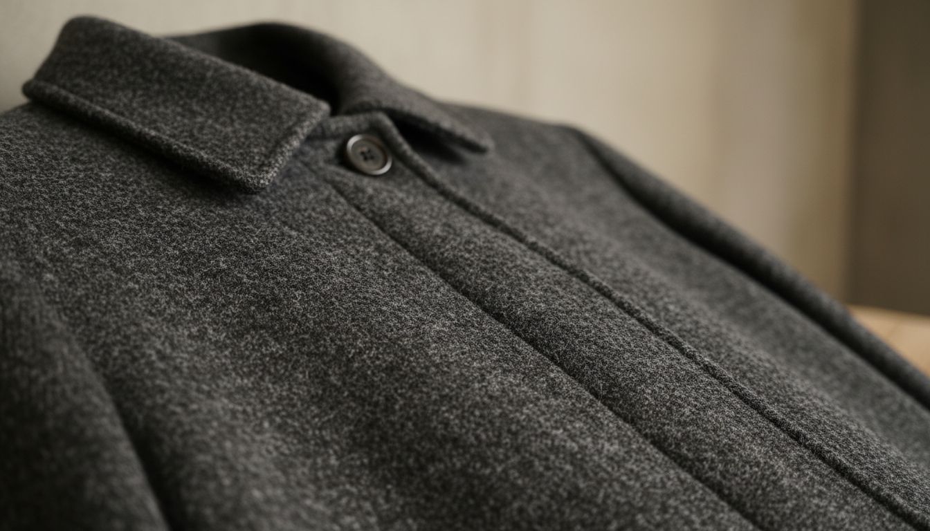 Крупный план пальто из меланжевой шерсти угольно-серого цвета, демонстрирующий богатую текстуру ткани.