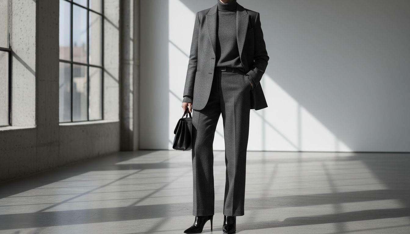 Модель в монохромном графитовом образе, где сочетаются матовый шерстяной костюм, глянцевые ботильоны и сумка из гладкой кожи.