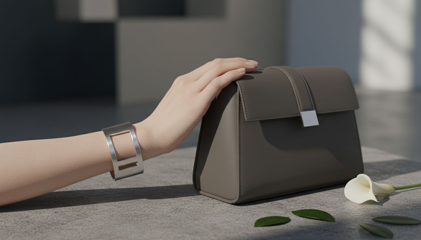 Аксессуары: крупный браслет из белого золота на запястье, рядом с ним - сумка строгой формы из матовой кожи цвета графита.