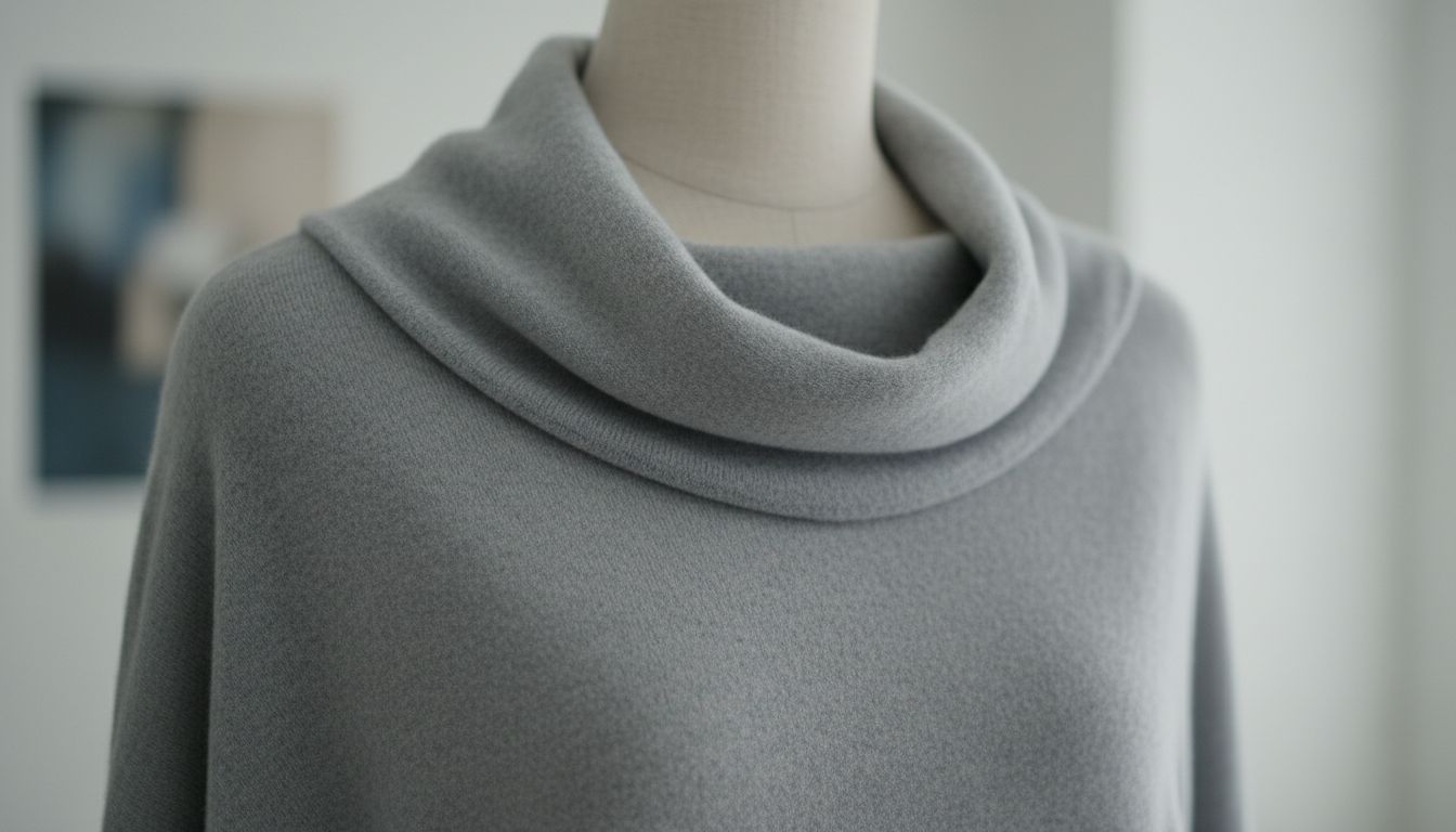 Крупный план воротника-качели на свитере из серого кашемира, демонстрирующий идеальную плотность и мягкость драпировки.