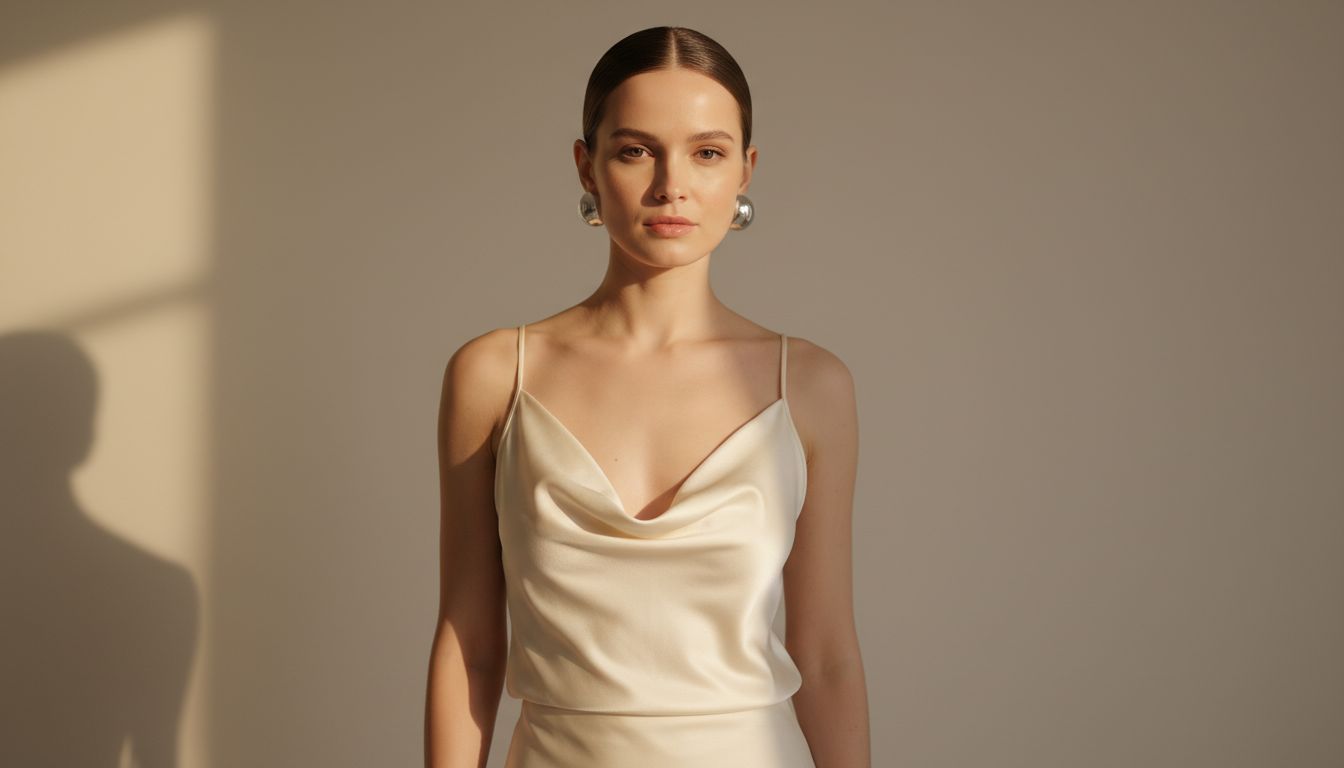 Женщина с гладкой прической, одетая в шелковый топ с глубоким воротником-качели, на ней только крупные серьги-пуссеты.