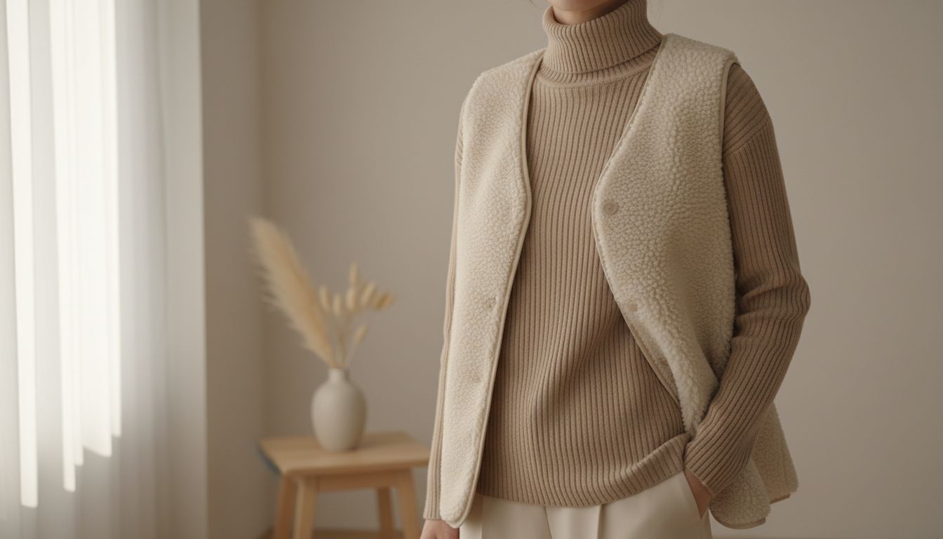 Трикотажная водолазка в рубчик, поверх которой надет флисовый жилет бежевого цвета, демонстрирующий идеальную многослойность.