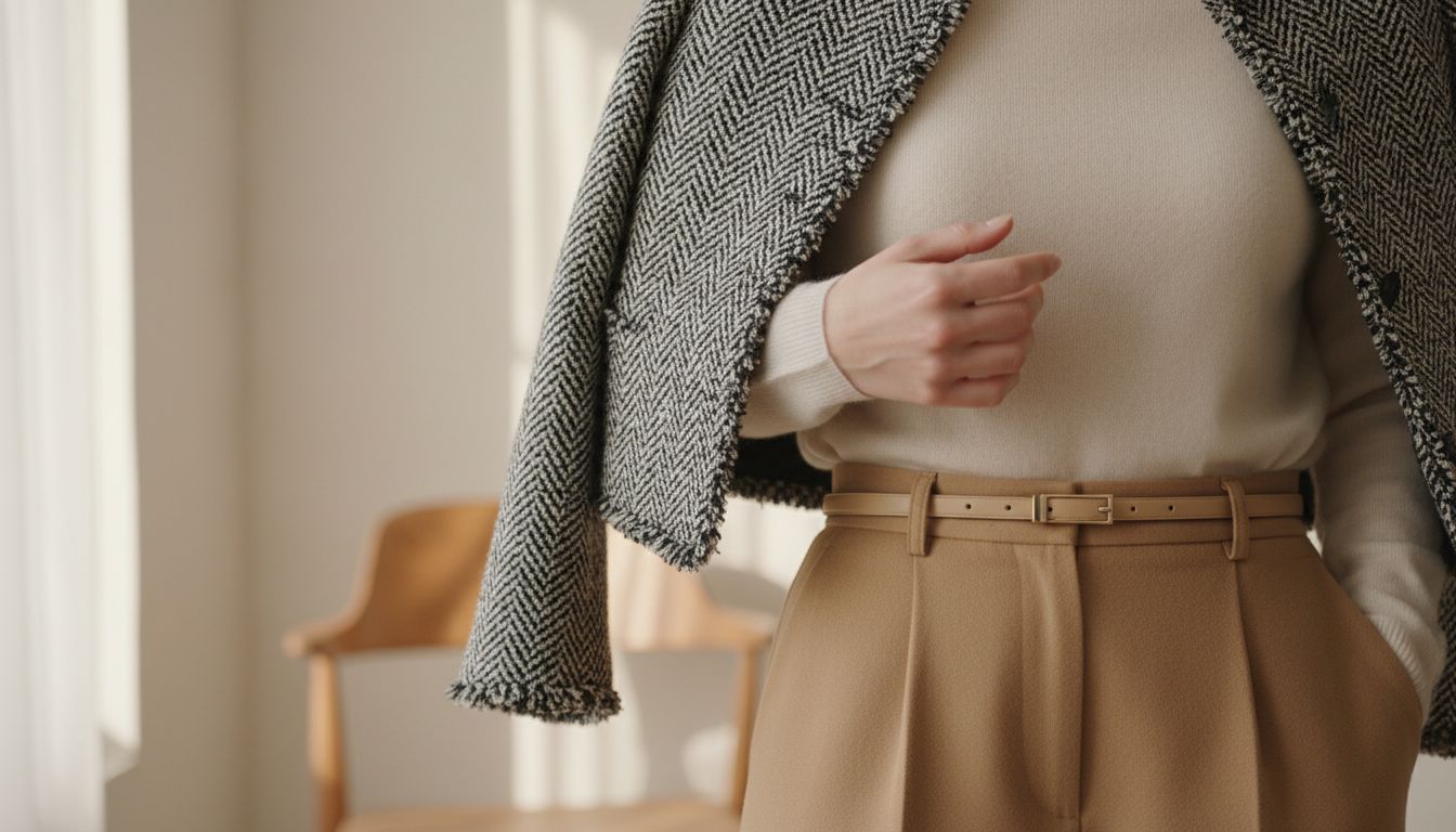 Детализированный снимок: тонкая кашемировая водолазка, заправленная в пояс брюк с высокой посадкой, и край укороченного твидового жакета.