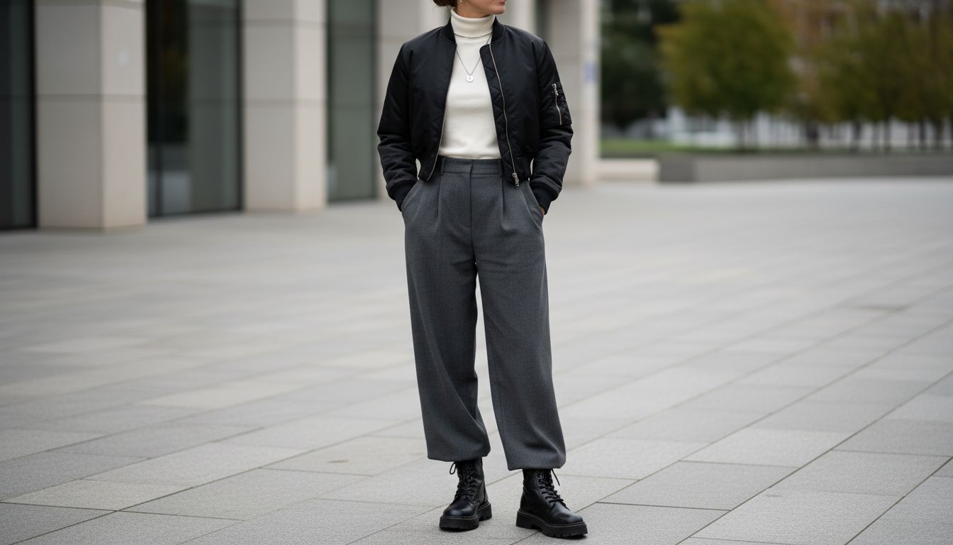 Стильный образ с укороченным черным бомбером, белой водолазкой и широкими серыми брюками с высокой посадкой, дополненный массивной обувью.