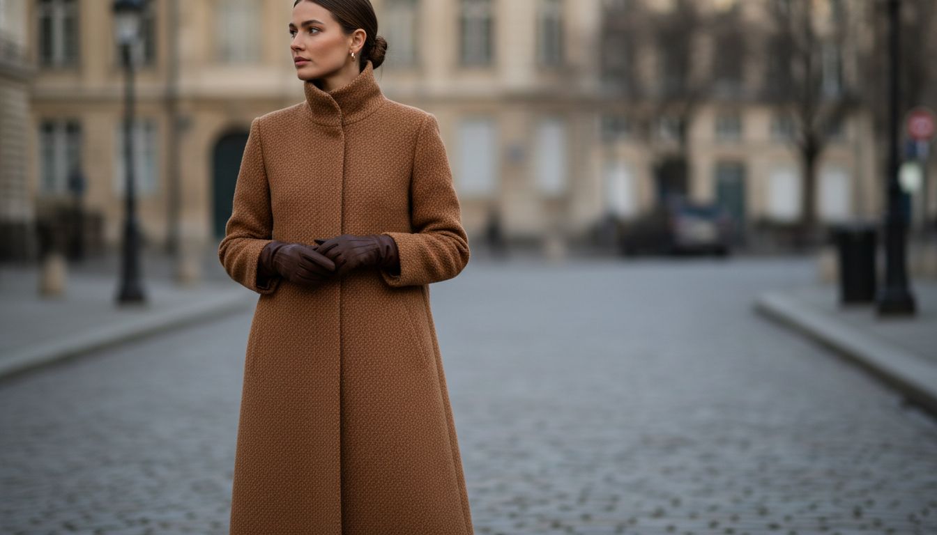 Женщина в длинном твидовом пальто карамельного цвета, застегнутом на все пуговицы, с высоким воротником-стойкой и кожаными перчатками.
