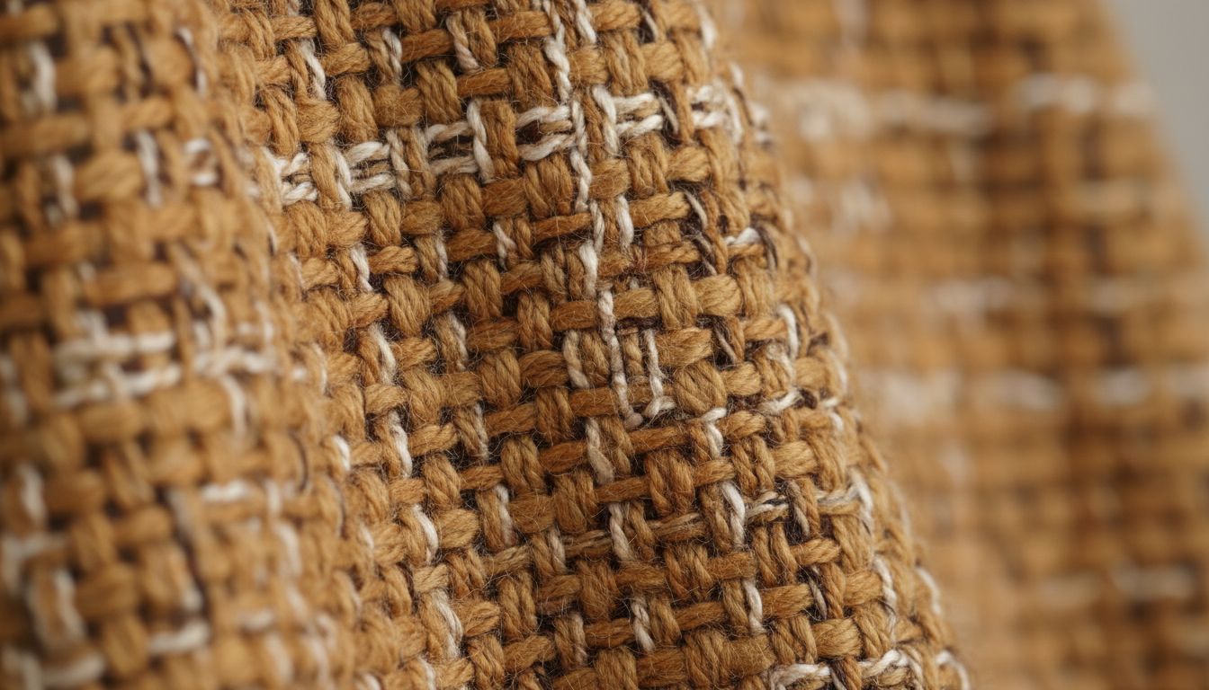 Крупный план текстуры карамельного твида с вкраплениями более светлых и темных нитей, демонстрирующий богатство фактуры и глубину цвета.