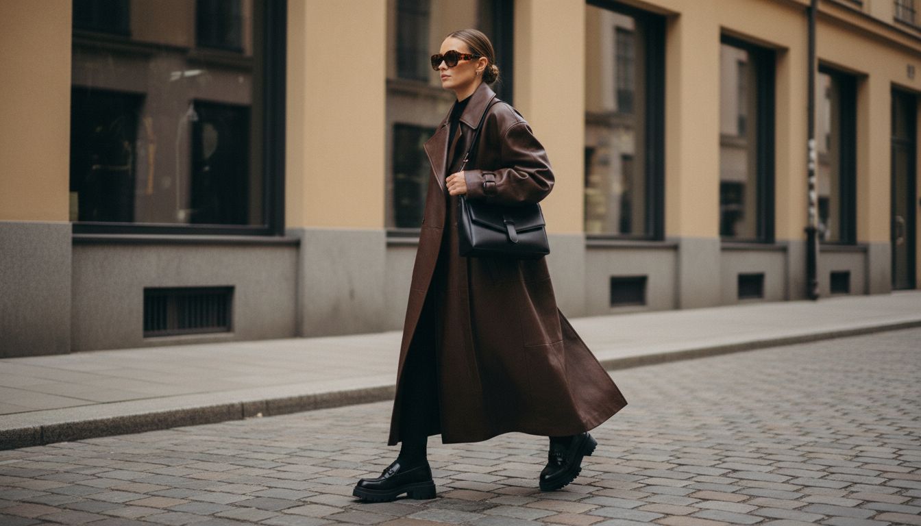 Девушка в кожаном тренче и лоферах на тракторной подошве, подчеркивающих утилитарный, но дорогой стиль.