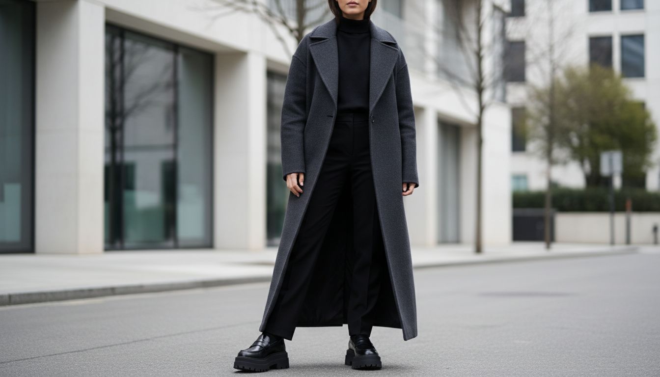 Фэшн-инфлюенсер в длинном пальто-макси и черных лоферах, демонстрирующая, как обувь на тракторной подошве добавляет веса и устойчивости длинному силуэту.