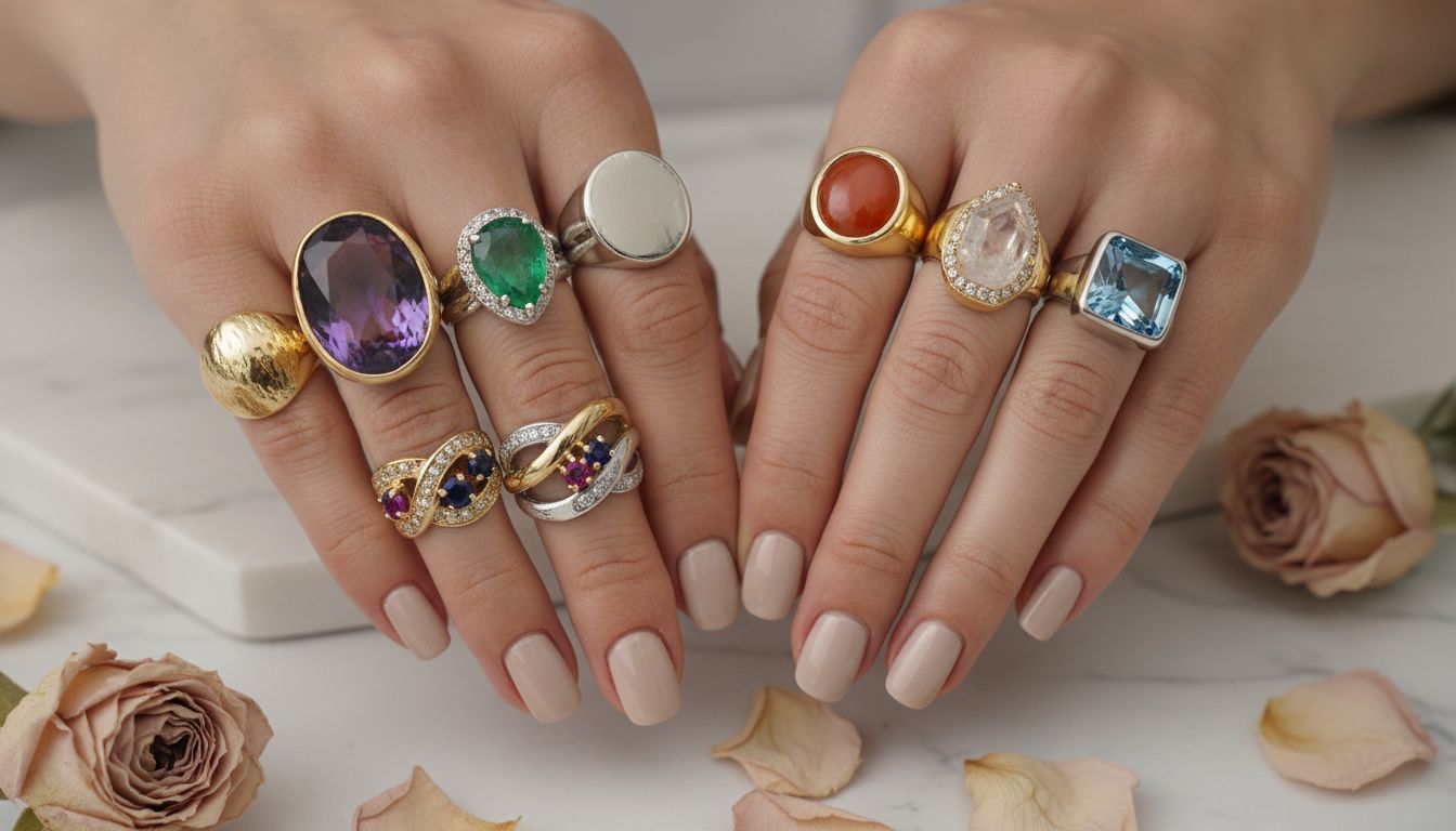 Крупный план на руки, где золотые и серебряные массивные кольца с камнями разных цветов надеты на разные пальцы.