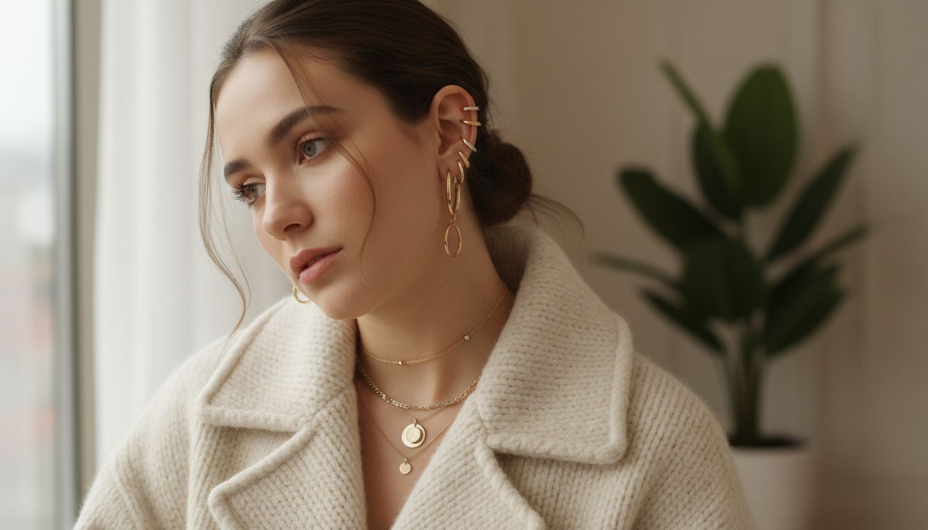 Девушка в крупном шерстяном пальто, демонстрирующая многослойные серьги и каффы в золоте и серебре.