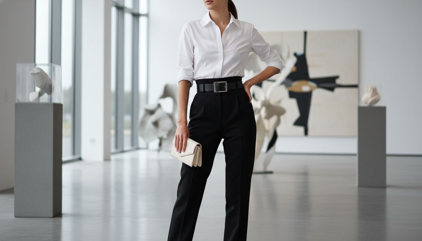 Девушка в черных брюках-бочонок и белой рубашке, затянутой широким кожаным ремнем, демонстрирующая четкую линию талии.
