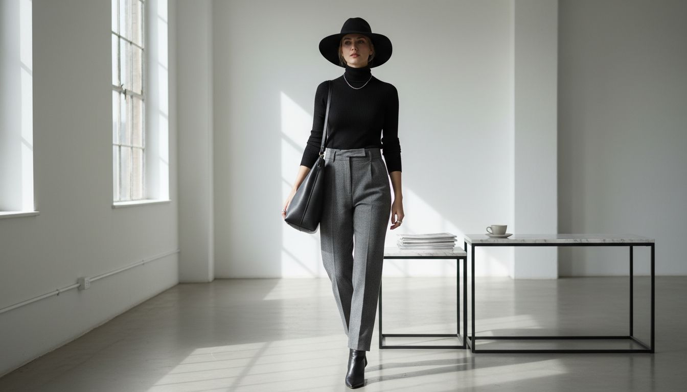 Модный редактор в брюках-бочонок из серой шерсти, стилизованных с тонким черным свитером и остроносыми ботильонами.