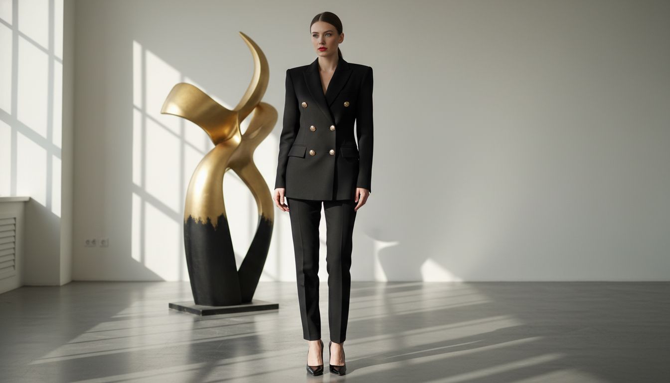 Женщина в черном двубортном жакете с массивными плечами и золотыми пуговицами, сочетающая его с узкими черными брюками и высокими каблуками.
