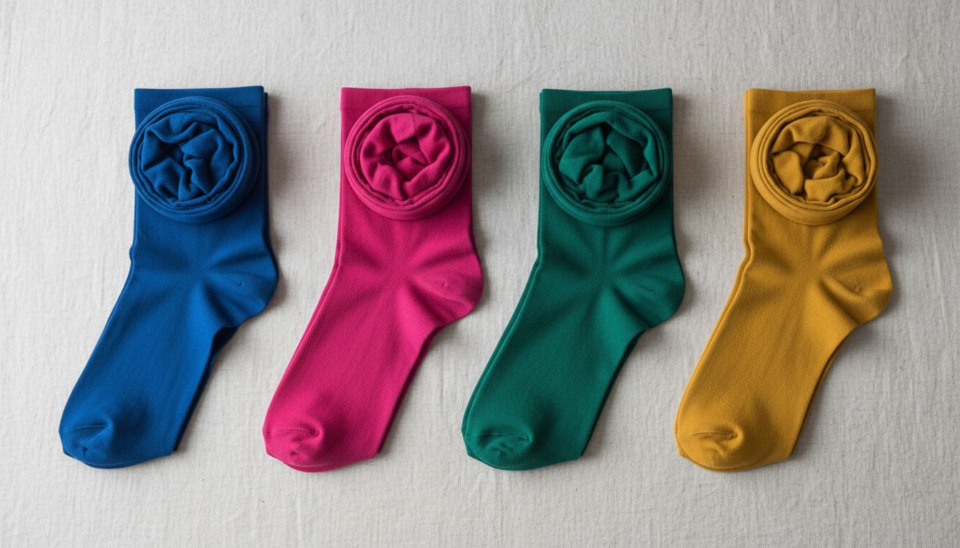 Четыре варианта цветных плотных колготок: кобальт, фуксия, изумруд и горчичный, разложенные на светлом фоне.